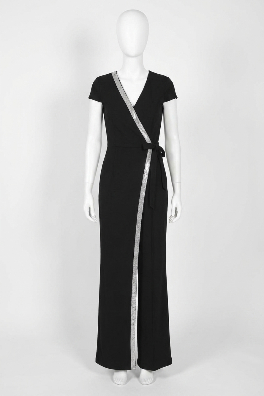 NEW FRANK LYMAN cross front rhinestone jumpsuit in black